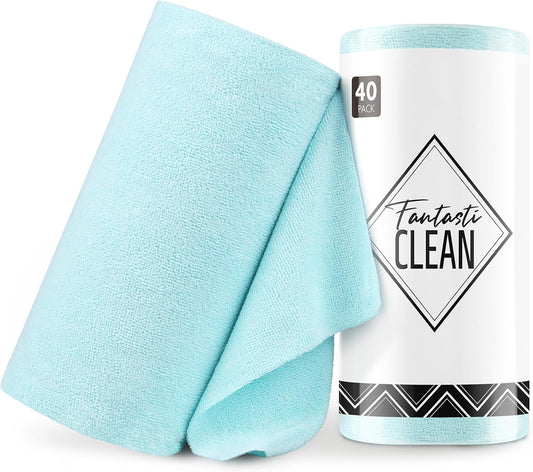Fantasticlean Microfiber Cleaning Cloth Roll -40 Pack, Tear Away Microfiber Towels, 12" x 12", Reusable, Washable, Scratch Free, Ultra Absorbent Dish Rags for Car, Home, Garage or Shop (Blue)