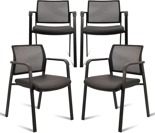 CLATINA Stackable Office Chair, Mesh Back Guest Chairs with Comfortable Leather Seat Arms Stacking Ergonomic Desk Chair No Wheels for Conference Waiting Reception School Stationary, Black, Set of 4