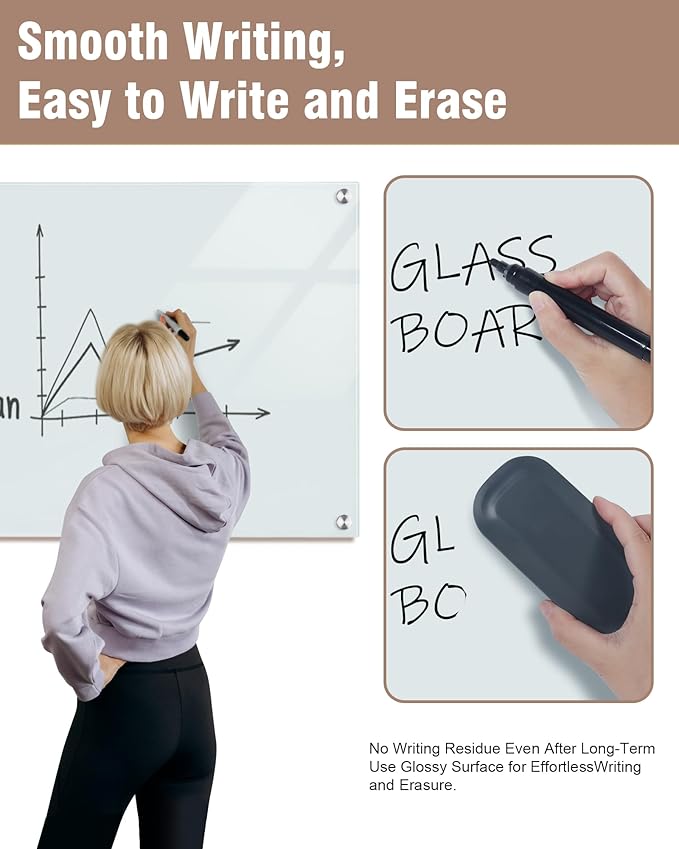 Magnetic Glass Whiteboard，72"x48" Wall Mounted Frameless Dry Erase Board for Office, Home & School White