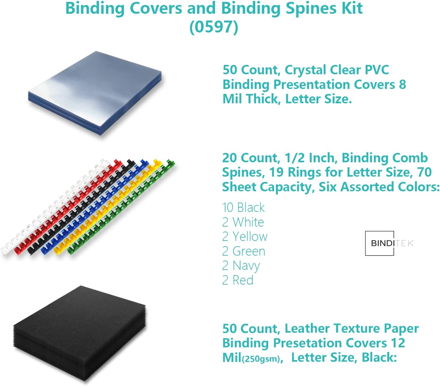 Binditek 120 Pack Binding Covers and Combs kit, Includes 50 Pcs 8mil Clear PVC, 20 Pcs 1/2" Binding Combs, 50 Black Paper Covers, for Letter Size