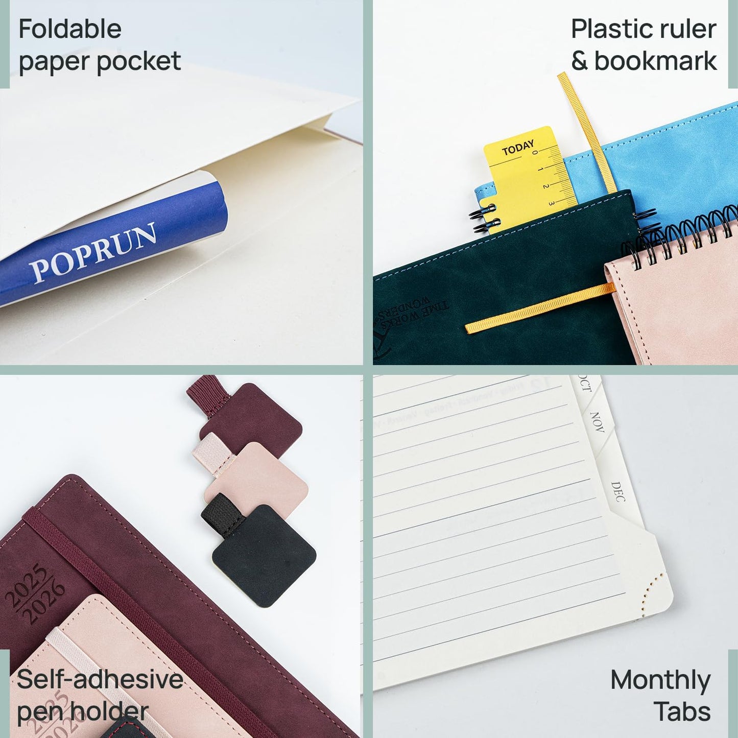 POPRUN Planner 2025-2026 Weekly Planner Notebook (Large 8.5''x 10.5'') Academic Calendar (JUL.25 - JUN.26) Appointment Book with Monthly Tabs, Spiral Soft Cover, Inner Pocket, 100 GSM - Petrol