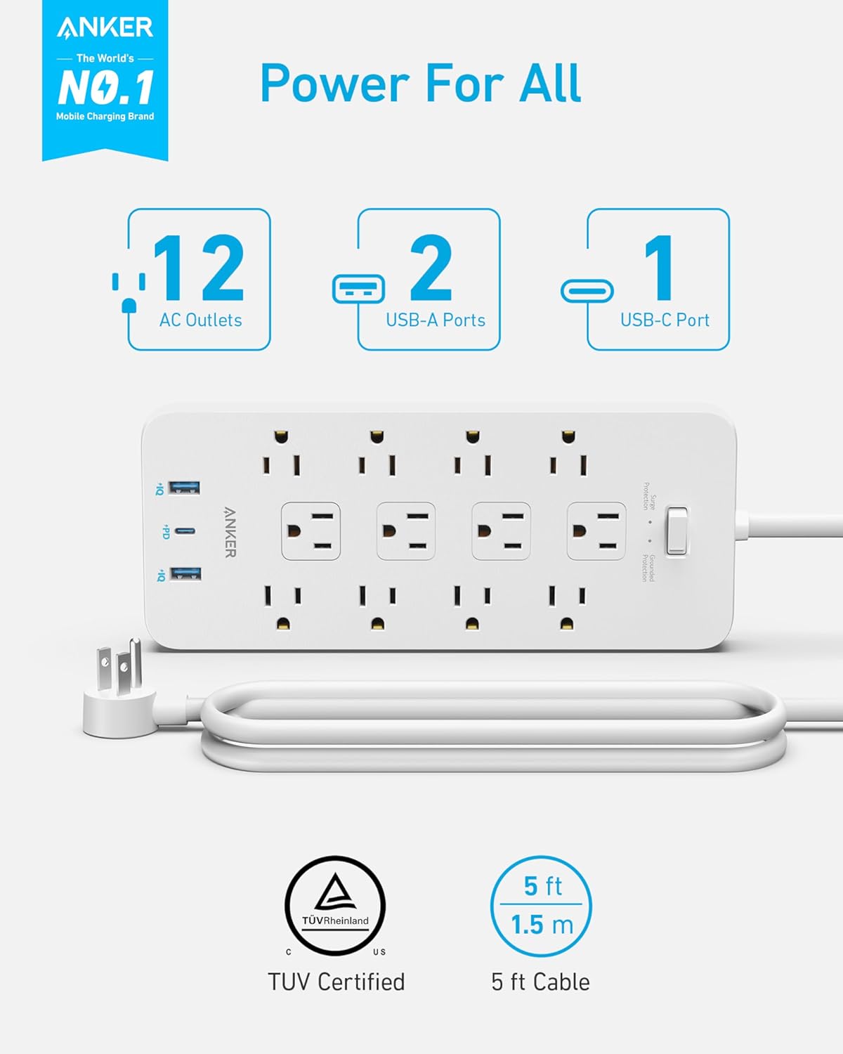 Anker Power Strip with 3 USB Ports, Surge Protector (2100J-5ft), 12 Outlets with 2 USB-A Ports and 1 USB-C Port,Flat Plug, Works with iPhone 16/16 Plus/16 Pro/16 Pro Max,for Home,Office, TUV Listed