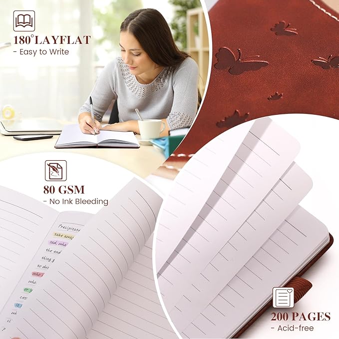 Lined Journal Notebook, A5 Hardcover Leather Journal for Men Women, 200 Pages 100 GSM Thick Paper, Journaling Notebooks for Work School Travel Note Taking, Brown