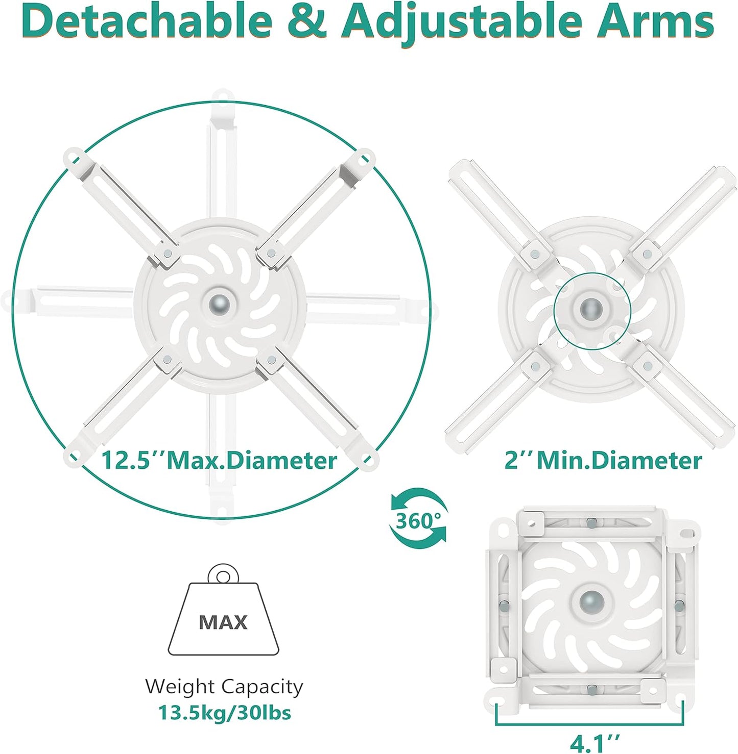 WALI Projector Ceiling Mount, Universal Low Profile Projector Mount with Retractable Arms and Multiple Adjustment Function (PM-002-W), White