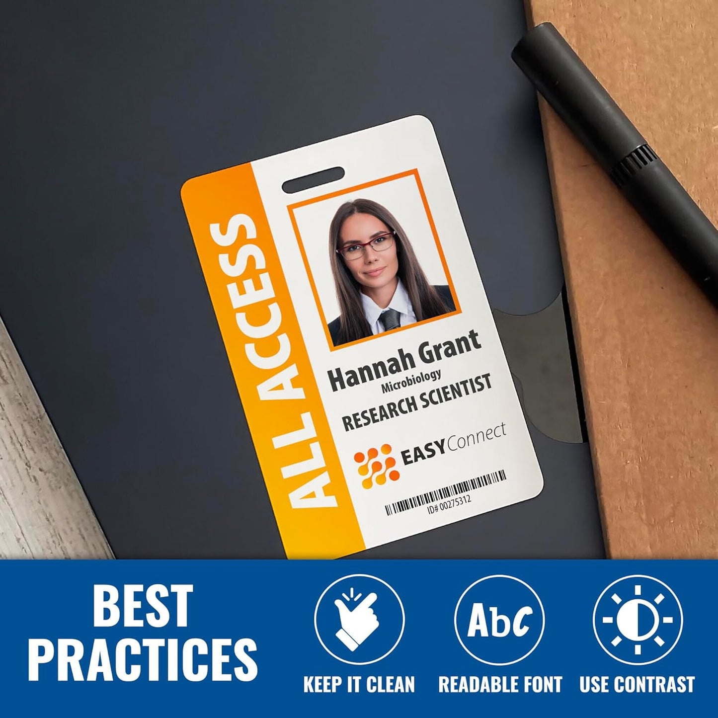 Custom Print Employee ID Badge with Vertical Side Text, Double Sided Print with Name, Photo, Logo, and Barcode – Unique Photo ID Card Solution (ID Vertical)