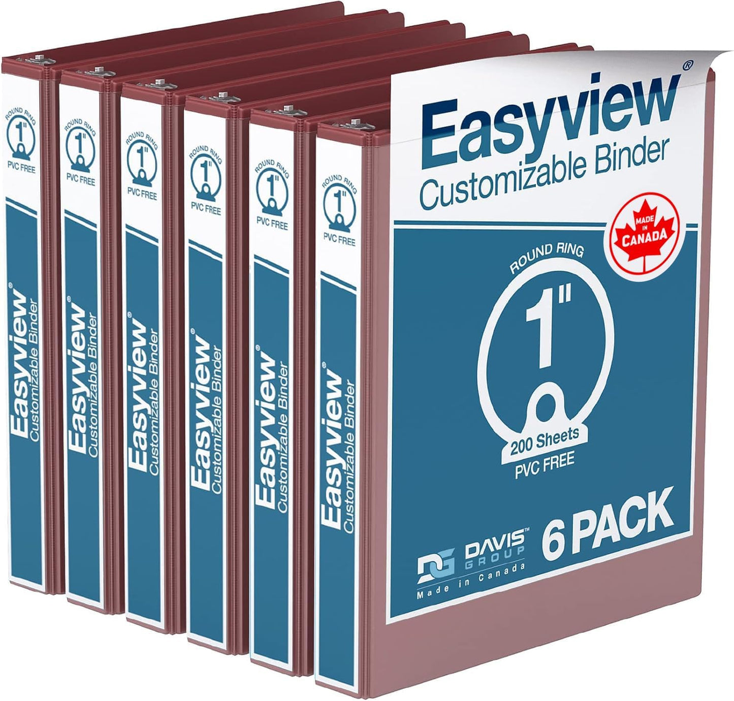 Easyview Premium 3-Ring Binders with Clear-View Covers and Round Rings, Binders for School or Office, 1 Inch, Pack of 6, Burgundy