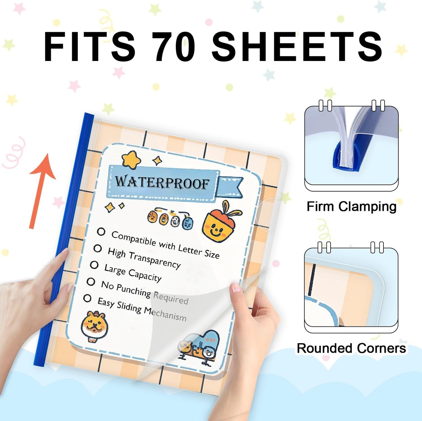 TOTiyea 12 Pack Clear Report Covers with Sliding Bars, 9mm (70 Sheet Capacity) Blue Sliding Bar File Folders, for Letter Size