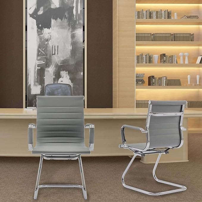 Office Desk Chair Set of 6,No Wheels PU Leather Computer Chairs Mid Back Guest Chairs with Seld Base for School/Reception/Conference/Waiting Room,Grey