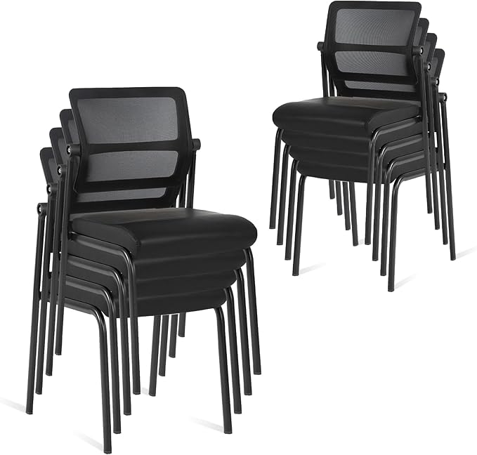 CLATINA Stackable Waiting Room Chair with Adjustable Mesh Backrest, Armless Office Guest Reception Chairs with Leather Cushion and Ergonomic Lumbar Support for Conference Lobby Side School, Black, 8PK