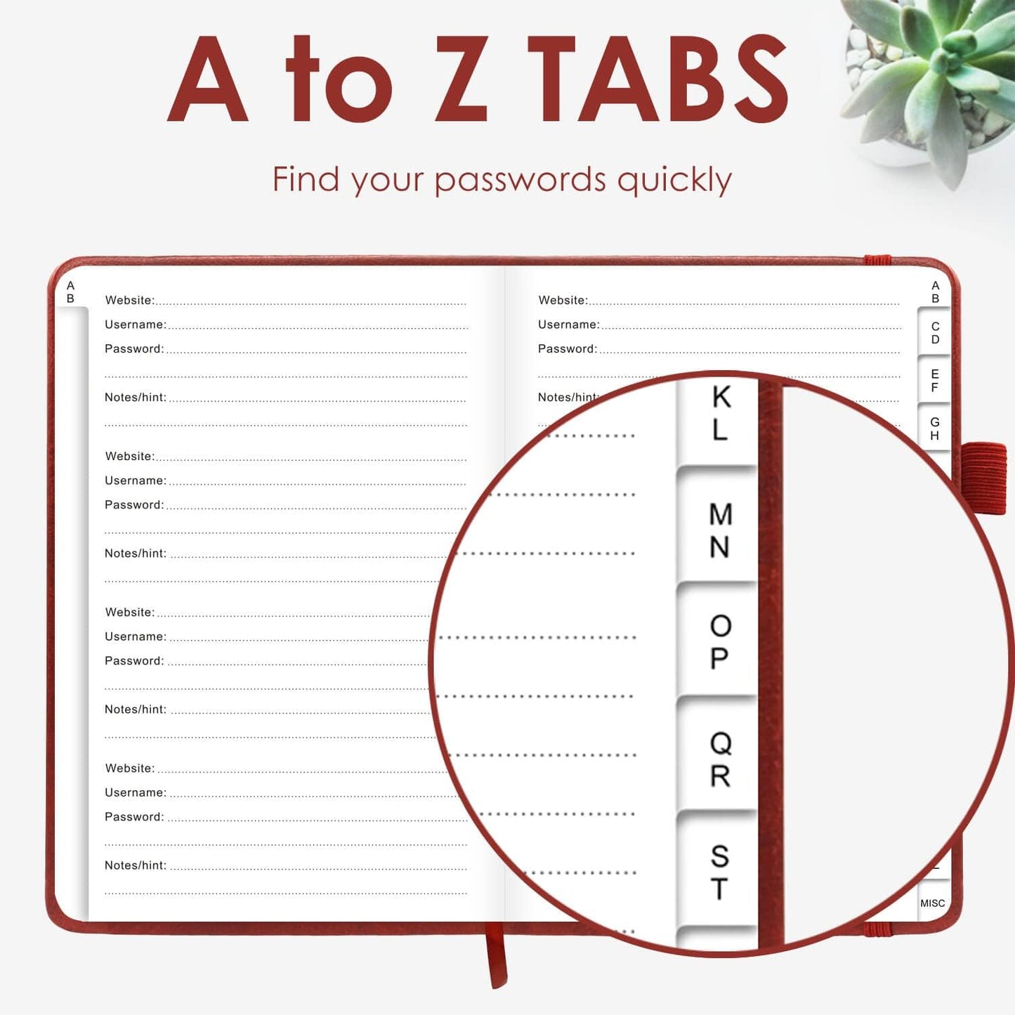 Elegant Password Book with Alphabetical Tabs - Hardcover Password Book for Internet Website Address Login - 5.2" x 7.6" Password Keeper and Organizer w/Notes Section & Back Pocket (Wine Red)