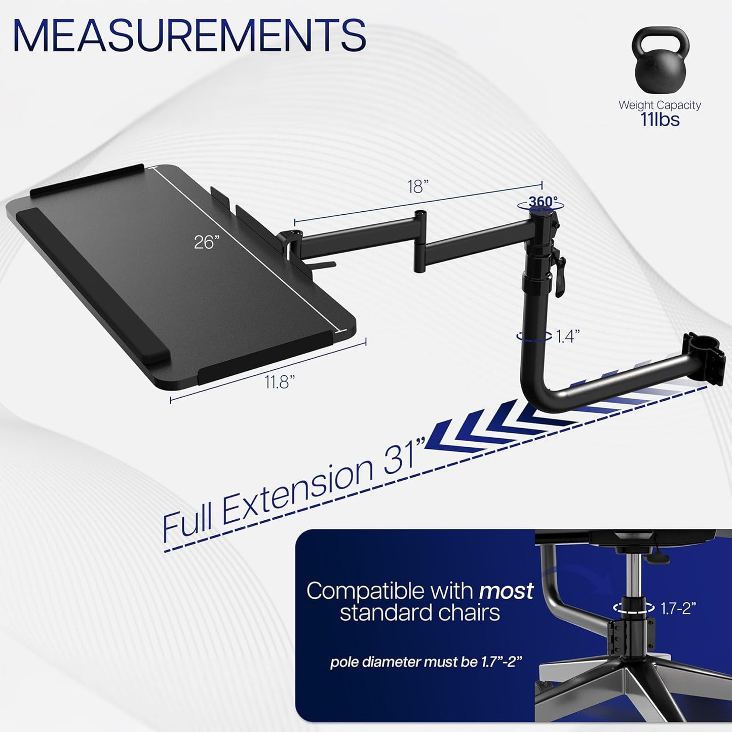 VIVO Office Chair Mounted 26 x 12 Inch Keyboard and Mouse Tray, Ergonomic Tilt, Full Motion 360 Degree Rotation, Black, MOUNT-KB18CP