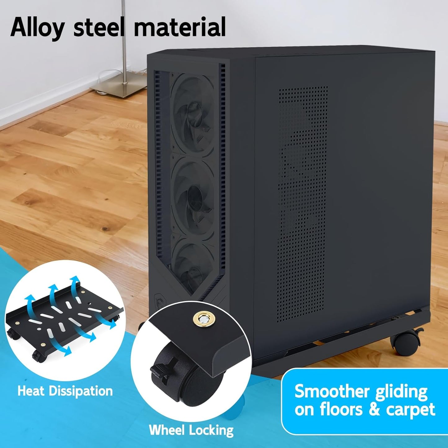 Metal Computer Tower Stand, PC Stand for Floor Mobile CPU Stand with 4 Rolling Caster Wheels Fits Most PC Under Desk,Ventilated CPU Holder PC Floor Cart for Office and Gamers(15.7 x 10inch)