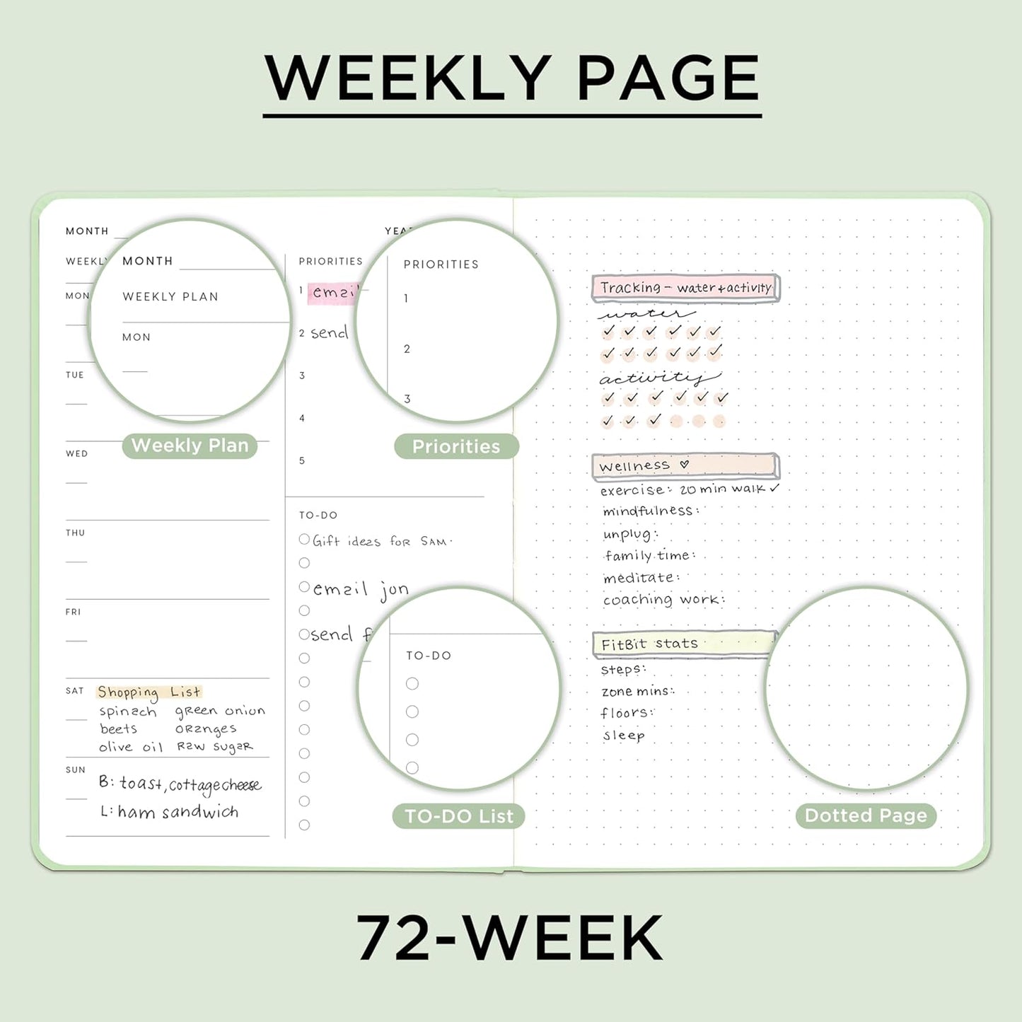 And Per Se Undated Academic Planner, A5 Weekly Calendar Planner, 72 Weeks Hardcover to Track Goals, Teacher Student Planning Book with Monthly Tab Stickers & Back Pocket (Light Green)