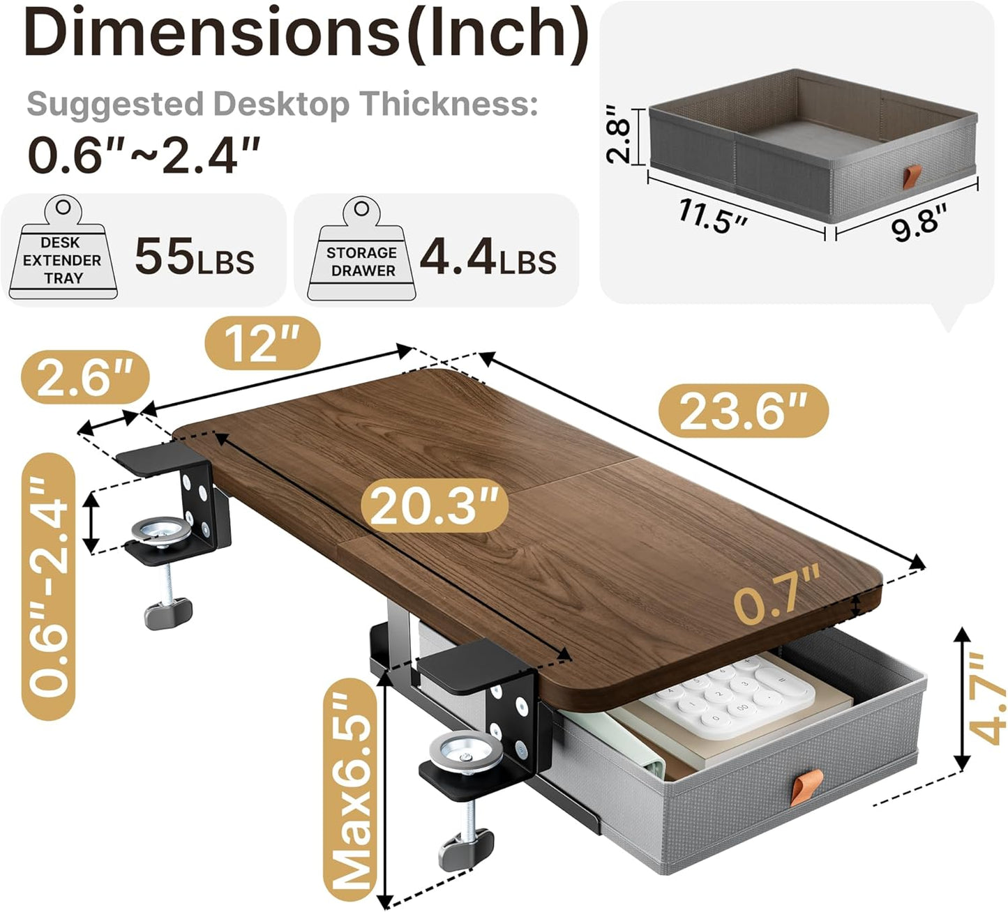 Desk Extender Tray, 24" x 12" Clamp On Desk Shelf, Desk Extension with Storage Drawer, Table Desk Arm Rest, Clamp On Keyboard Tray for Office and Home, Workstation Organizer, Medium, Walnut