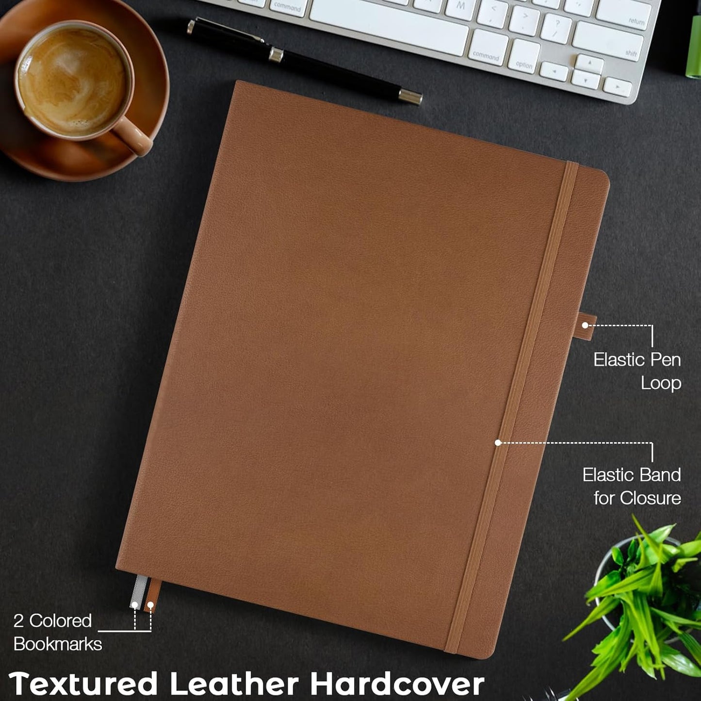 Lined Journal Notebook, 8.5" x 11" Hardcover Leather Notebook for Work, Wide Ruled Notebook Journal for Women Men, 192 Thick Paper, Lay Flat, 2 Pockets, A4 Large Journals for Writing, Brown Notebook