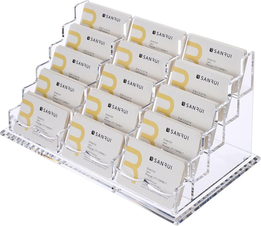 SANRUI Acrylic Multiple Business Card Holder Display for Desk , 15 Slots Business Card Stand , Clear Horizontal 5 Tier Business Card Holders, Holds 750-900 Cards