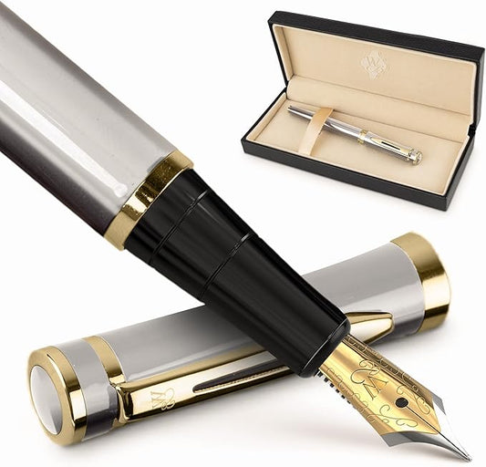 Wordsworth & Black Fountain Pen Set, 18K Gilded Broad Nib, Includes 6 Pack Ink Cartridges, Ink Refill Converter & Gift Box, Gold Finish, Calligraphy, [Silver Gold], Perfect for Men & Women