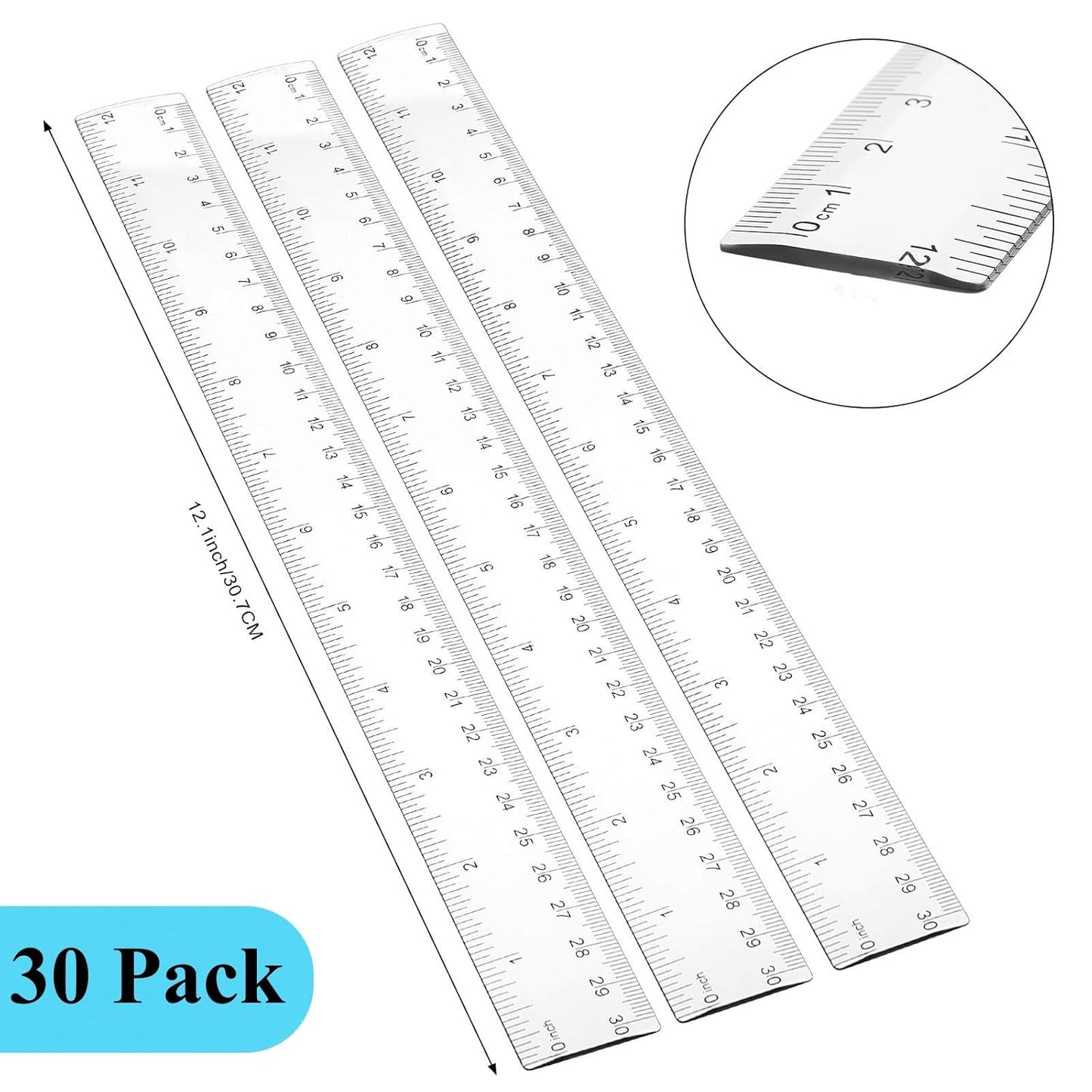 Zonon 30 Pcs 12 Inch Plastic Ruler Assorted Colors Ruler Bulk with Centimeters Millimeter and Inches Rulers First Day of School Gift for Kids School Classroom Office Supplies(Clear,Plastic)