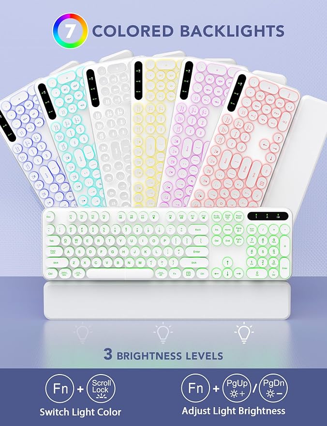 Wireless Keyboard and Mouse Backlit - Typewriter Keyboard with Retro Round Keycaps, Detachable Wrist Rest, Light Up Letters, 2.4G Rechargeable Combo for Mac, Windows, PC, Laptop, Trueque (White)