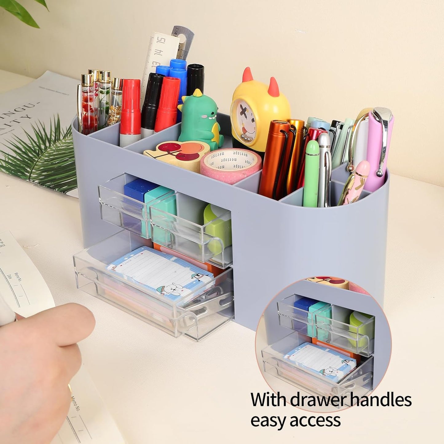 INSTOME Pencil Pen Holder for Desk with 3 Drawers - All-In-One Desk Organizer - Perfect Desk Accessories for Office Use - Stylish & Convenient Desk Organizers and Accessories (Blue)