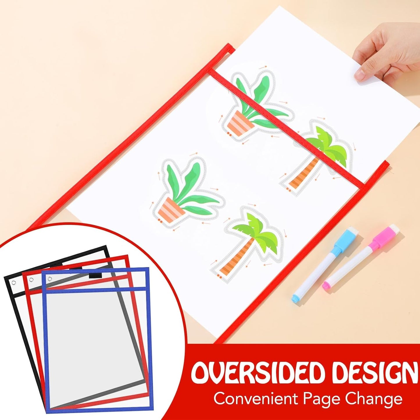 Teling 150 Pcs Dry Erase Pockets Bulk Reusable Job Ticket Holders Clear Plastic Sleeve Protector Work Order Sleeve Shop Ticket Holder for Welcome Teacher Back Office Supplies(10 x 14'',Black Blue Red)