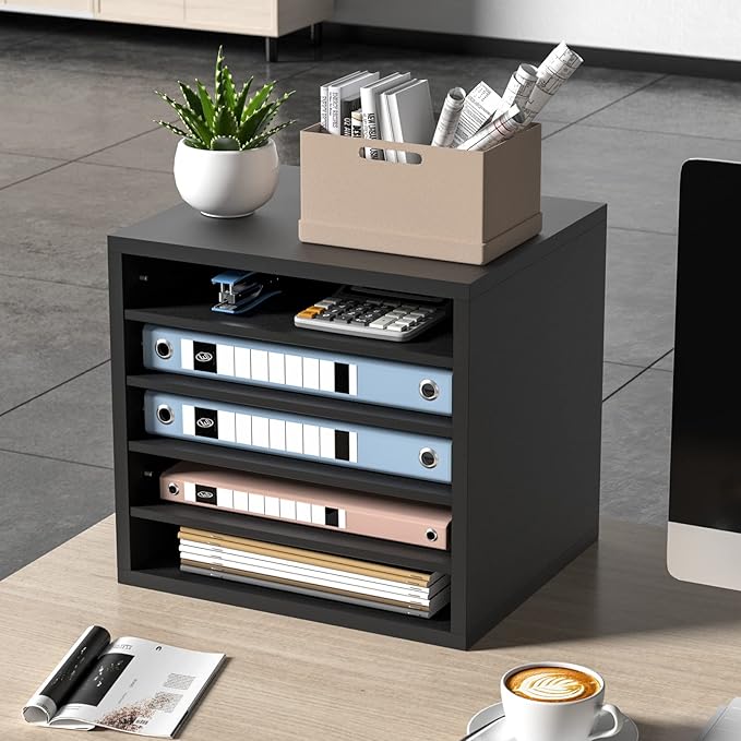 VEVOR Literature Organizers, 5 Compartments Office Mailbox with Adjustable Shelves, Wood Literature Sorter 13.9x12x13 inches for Office, Home, Classroom, Mailrooms Organization, EPA Certified, Black