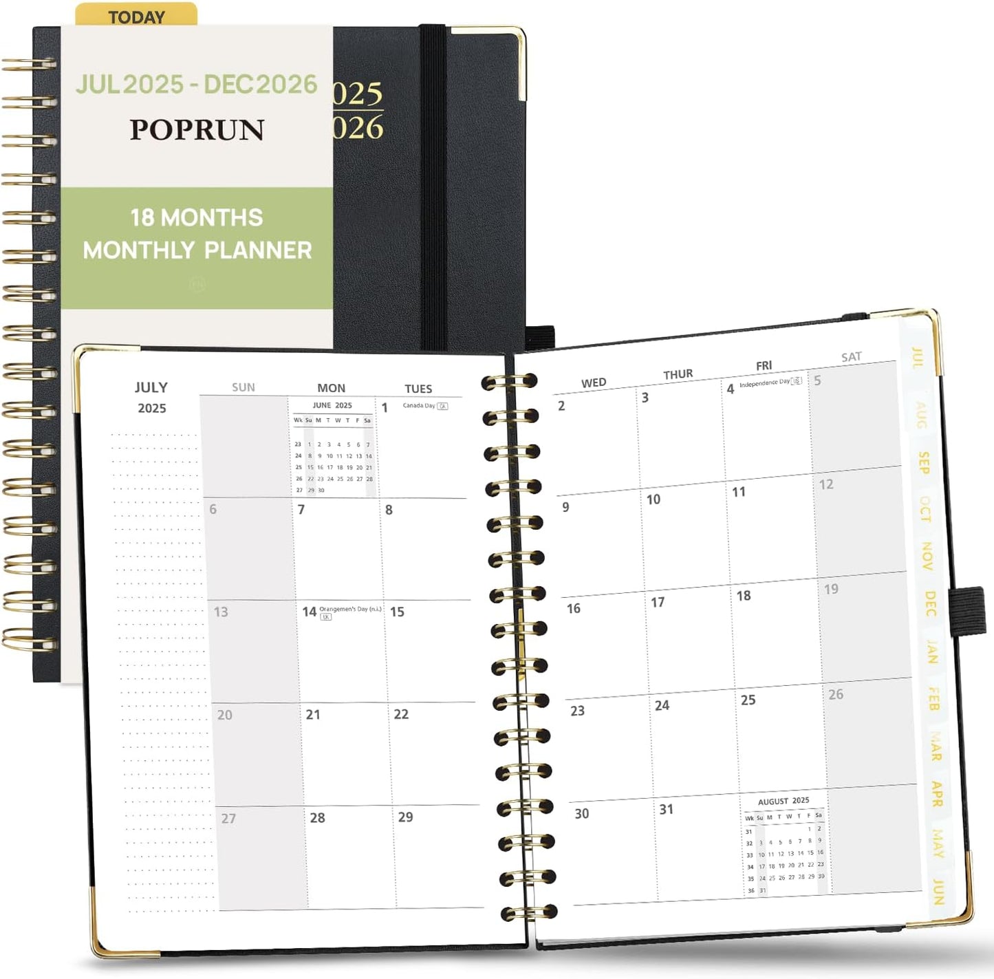 POPRUN Monthly Planner 2025-2026 Spiral Hardcover (6.25'' x 8.5''), 18 Months Calendar (Jul.2025 - Dec.2026)- 2 Pages per Month with Dotted Note Pages, Sunday Start, Laminated Tab - Black