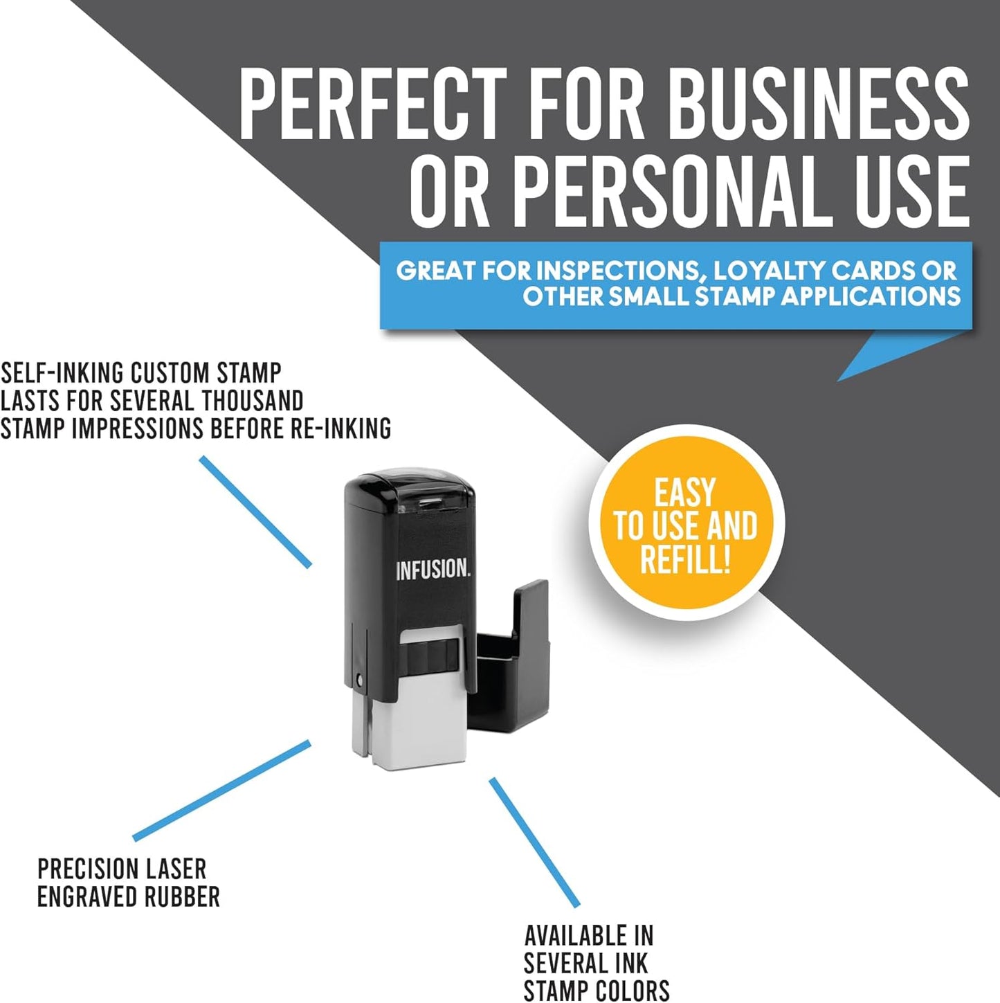 Infusion Self-Inking Custom Rubber Stamp (1/2" x 1/2") - Personalized Stamp for Office, Business, and Home Use - Customizable Text - Choose from 16 Colors