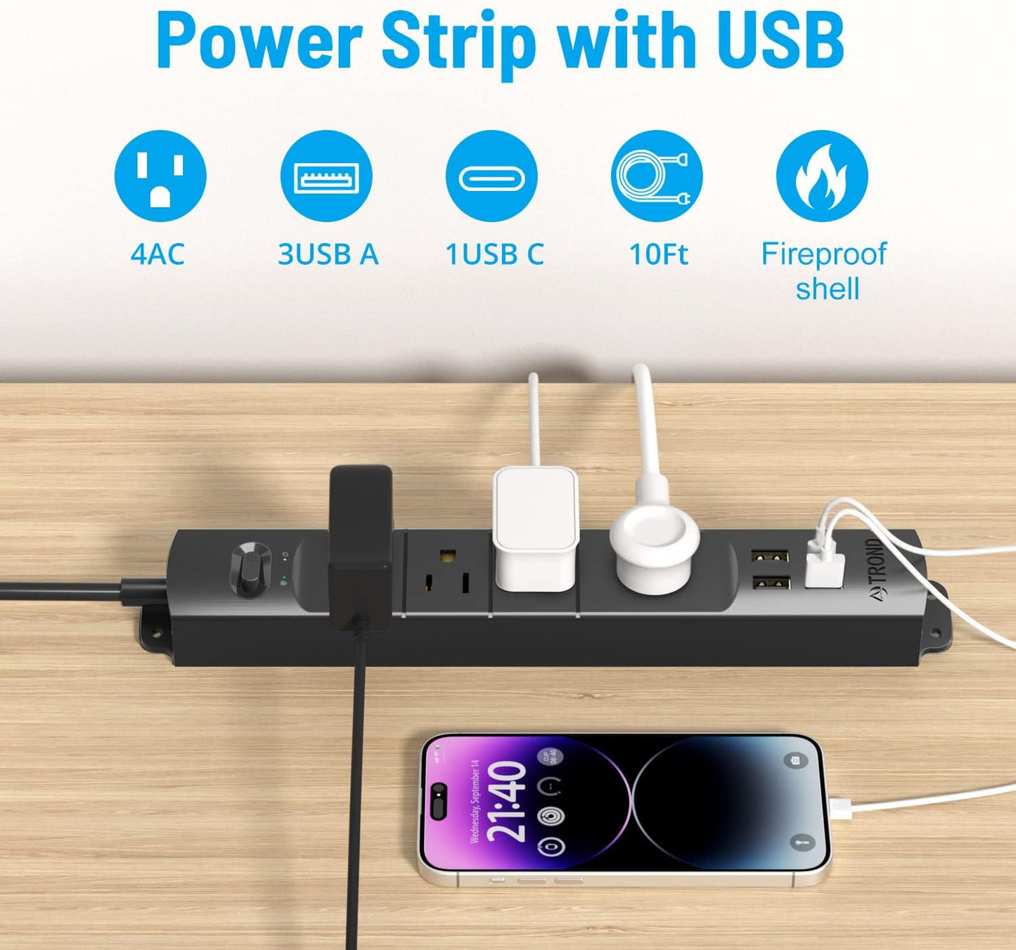 TROND Surge Protector Power Strip with USB, Ultra Thin Flat Plug 10ft Long Extension Cord 1625W, 3 USB A & 1 Type C, 4 AC Outlets 1440J Surge Protection Wall Mount for Home Office Dorm Room, Black