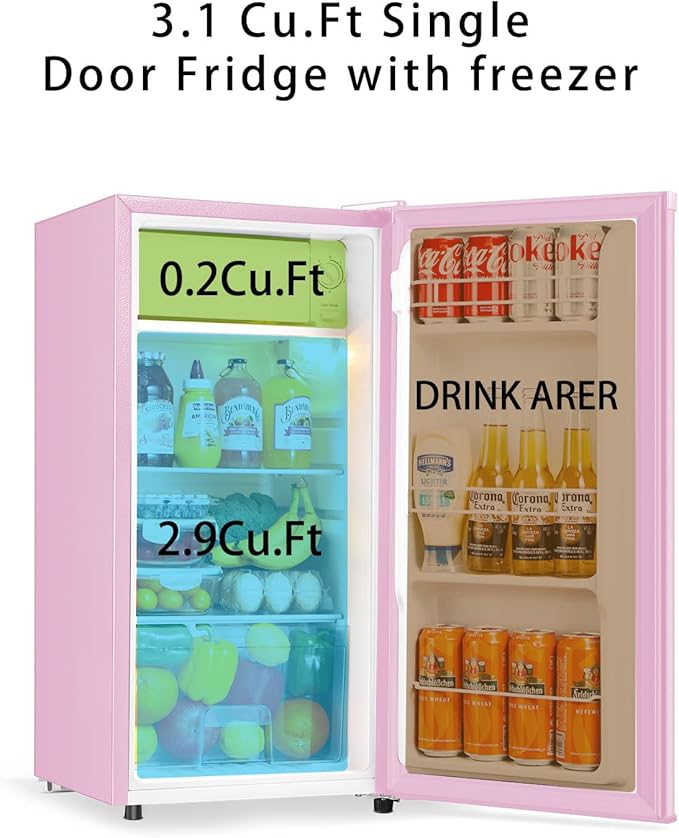 Seaoola Mini Fridge with Freezer, Single Door 3.1 Cu.Ft, Compact Mini Refrigerator, LED Light, Adjustable Thermostat, Removable Glass Shelves, Small Refrigerator for Dorm/Office/Bedroom(Pink)