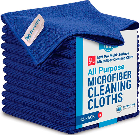 12" x 12" MW Pro Multi-Surface Microfiber Cleaning Cloths | Dark Blue - 12 Pack | Premium Microfiber Towels for Cleaning Glass, Kitchens, Bathrooms, Automotive, Supplies & Products