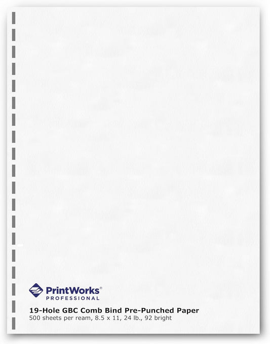 PrintWorks Professional GBC 19 Hole Comb Binding Pre-Punched Paper - Book Binding Printer Paper - Made in the USA - 500 Sheets - 8.5" x 11" - 24 lb - 92 Bright White (04329)