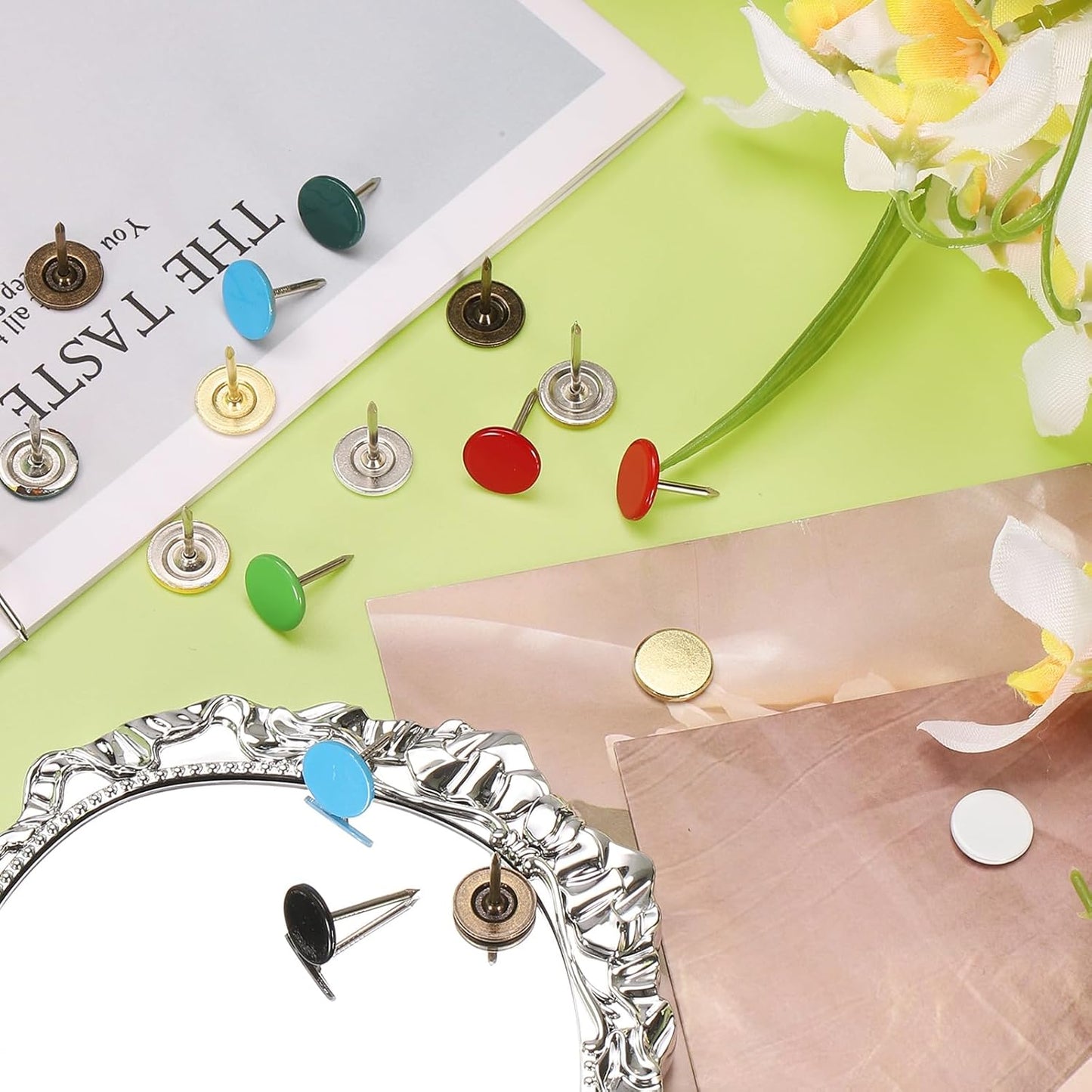 uxcell 100Pcs Upholstery Tacks, 11mmx17mm Flat Head Thumb Tack Decorative Furniture Nails Push Pins for Furniture Sofa Headboards, White