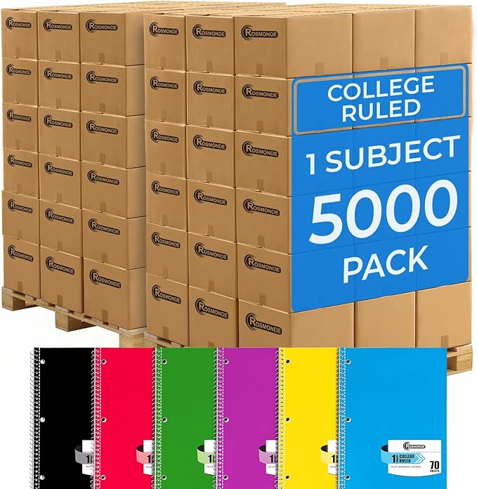 5000 Packs (Pallet) 1 Subject Notebooks, Spiral Notebook Bulk, College Ruled, 70 Sheets (140 pages), 8 x 10-1/2", Bulk Spiral Notebooks for School Districts & Office, 4-7 Days Transit