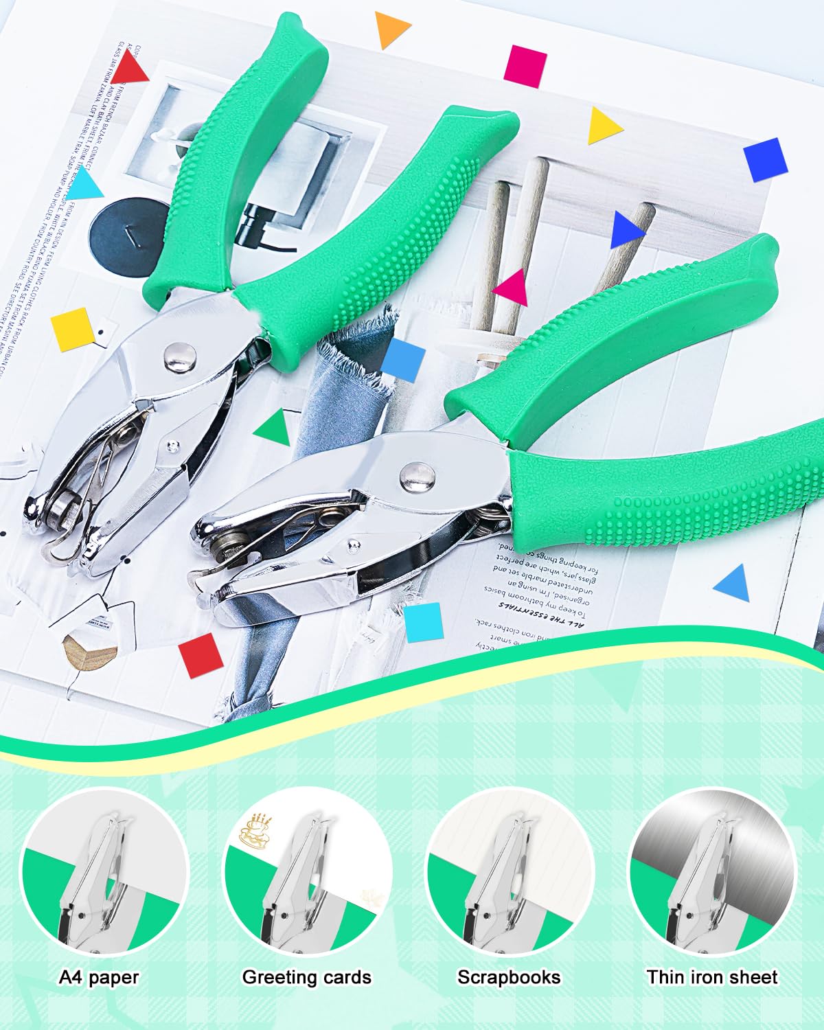 UCEC 2Pcs 1/6" Square and 1/4" Triangle Shape Handheld Metal Hole Punch Set, Small Triangle and Square Hole Puncher with Grip Back to School Supplies for Handmade DIY Craft in Home Office Classroom