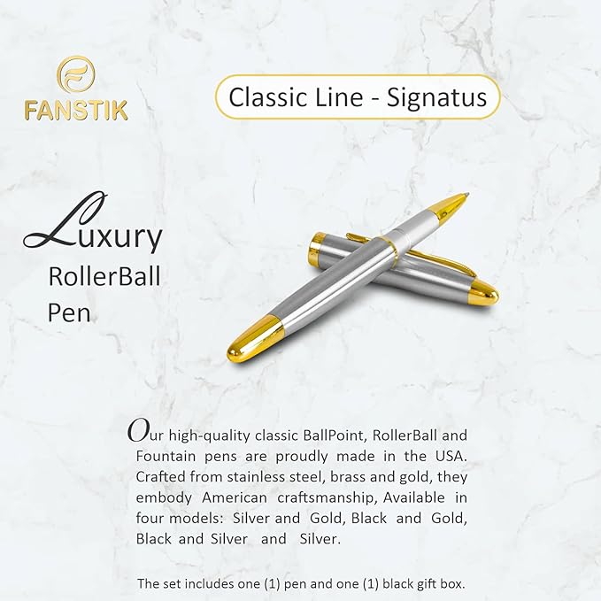 Customized RollerBall pen with name (MADE IN USA), stainless steel, Silver and gold, luxury engraved pen personalized for men and for women. (RollerBall Silver-Gold).