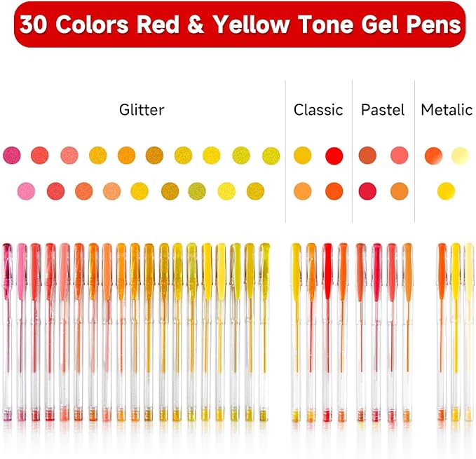 Shuttle Art 60 Pack Red Yellow Tone Gel Pens, 30 Red Orange Yellow Gel Pens with 30 Refills for Adults Coloring Books Journaling Drawing Nature, Landscapes, Animals Scenes
