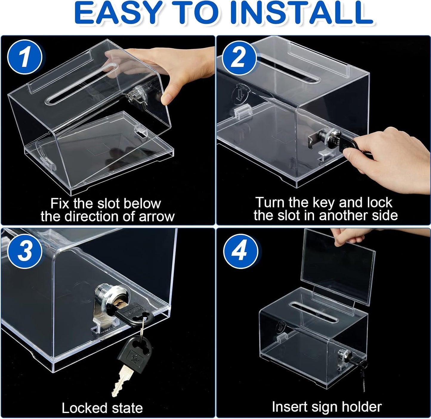 Kigley 9 Pack Acrylic Donation Box with Lock and Sign Clear Ballot Suggestion Donation Box with Slot for Fundraising Raffle Business Card Storage Container Voting Tip Jar