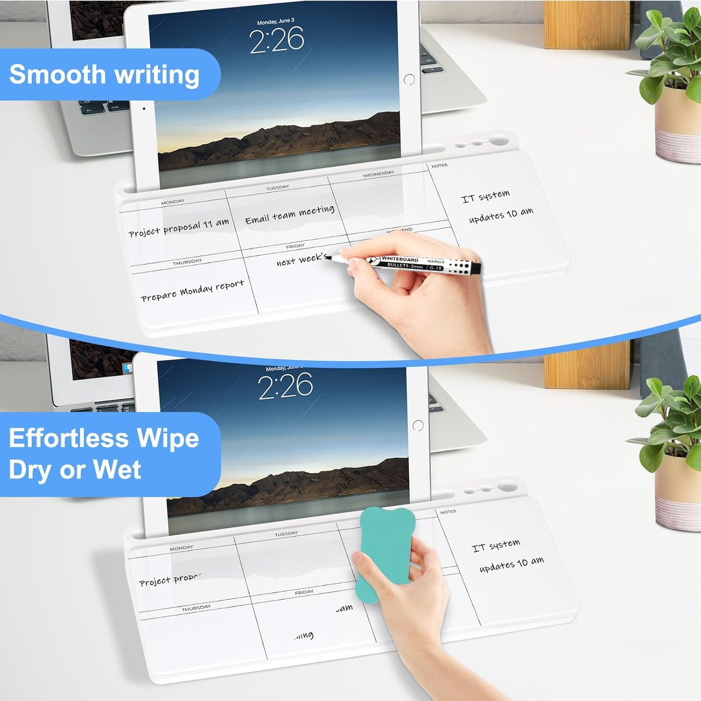 Desktop Glass Whiteboard with Storage, Weekly Calendar Desk Dry Erase White Board, Desk Organizers and Accessories, Weekly Planner Board for Planning, Memo, Note, Office, Home, College, School - White