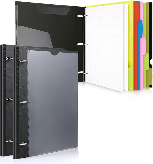WOT I 2-Pack Telescoping 3 Ring Binder Notebooks - Customizable Cover, 5 Dividers & Pocket Folder in One Slim Organizer (60 Sheets Included), Black