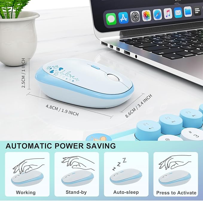 Wireless Keyboard and Mouse Set, 104 Round Keys Full-Size Cute Colorful Keyboard and Mouse with Retro Typewriter for PC/Mac/Laptop/Tablet/Computer/Windows Blue