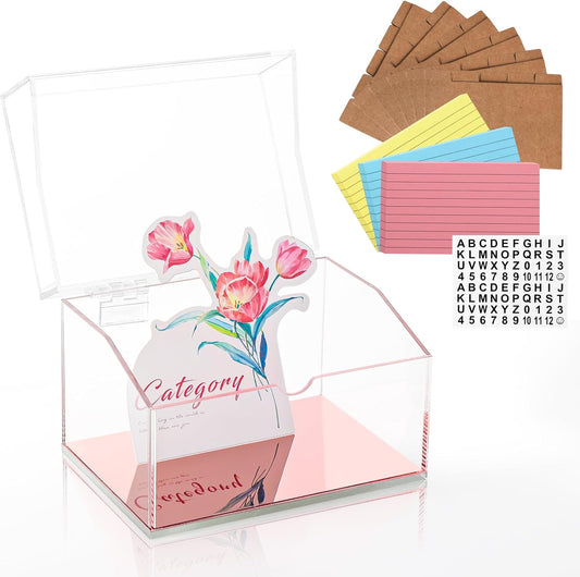 DLUGOPIS 3x5 Rose Gold Index Card Organizer Recipe Card Box Acrylic Flash Card Holder Index Card Box with Mirro Base 150 Ruled Lined Index Cards 30 Kraft Dividers Stickers For Holds 400 Note Cards