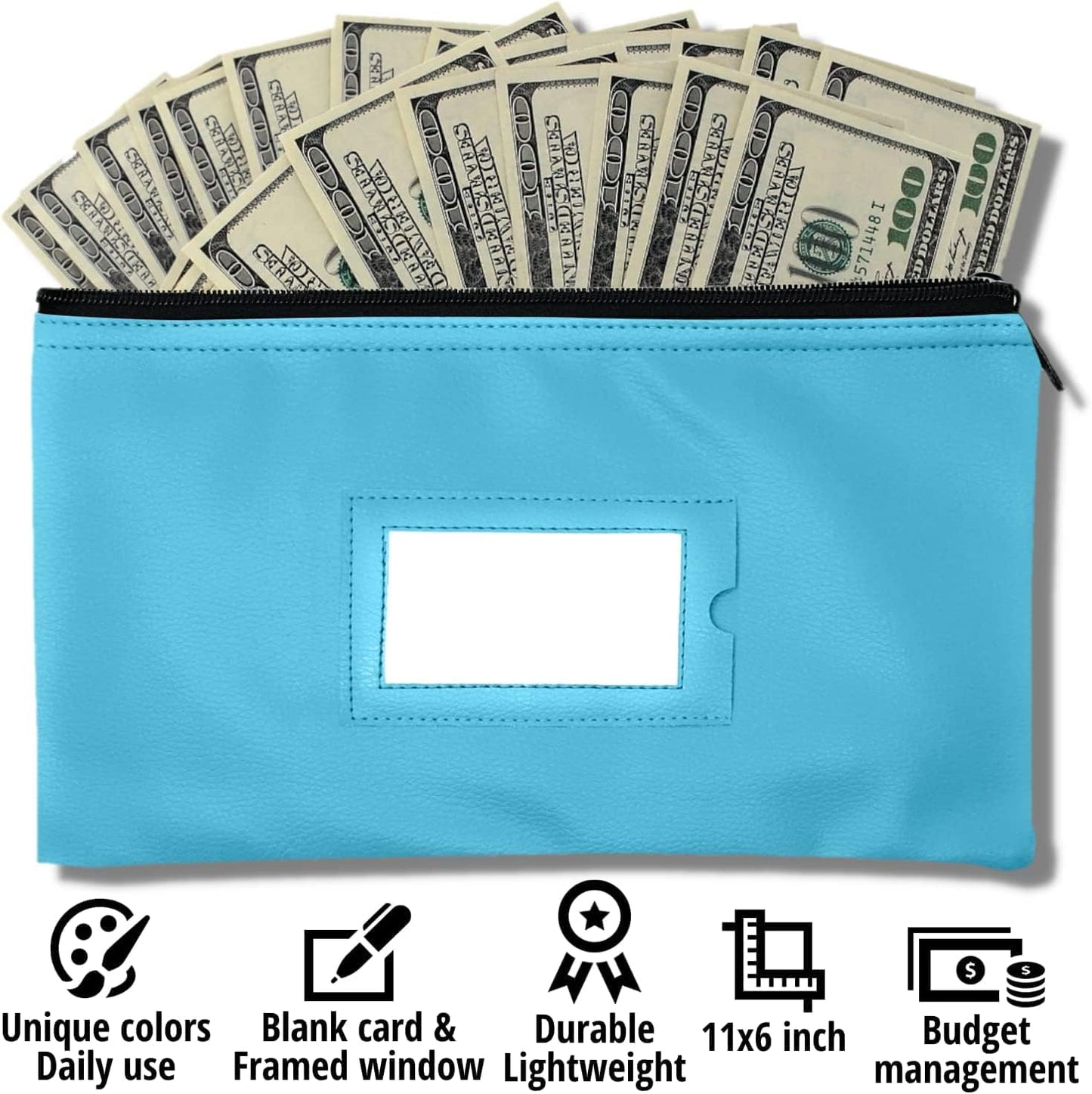 Money Bank Deposit Bag with Zipper | 11x6 inch | Light Blue | Durable Leatherette Money Cash Coin Check Wallet Pouch for Men & Women with Framed ID Window and Blank Card | by GIDABRAND (10)