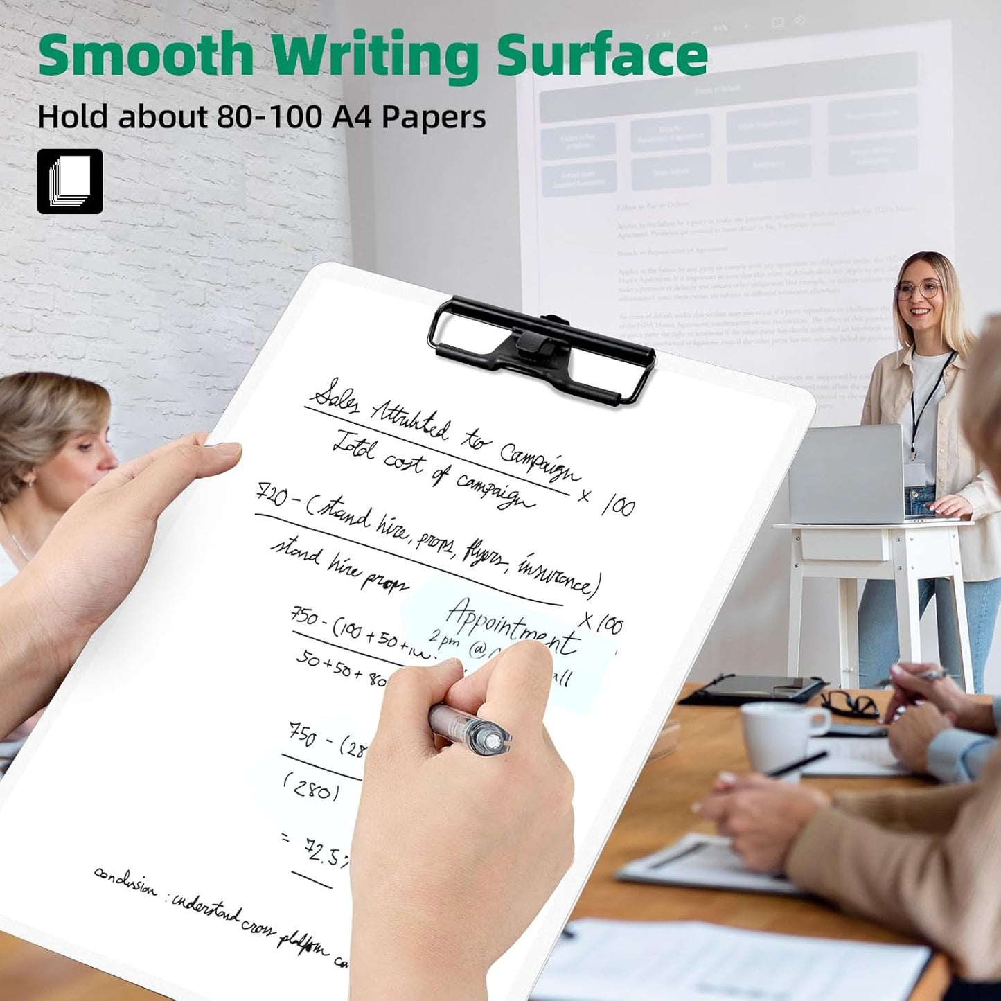 White Clipboard with Pen Holder, 2 Pack Plastic Clipboard with Low Profile Metal Clip, Hanging Clipboards Holds 8.5x11 Inch Papers, Standard A4 Letter Size Clip Board for Office & School