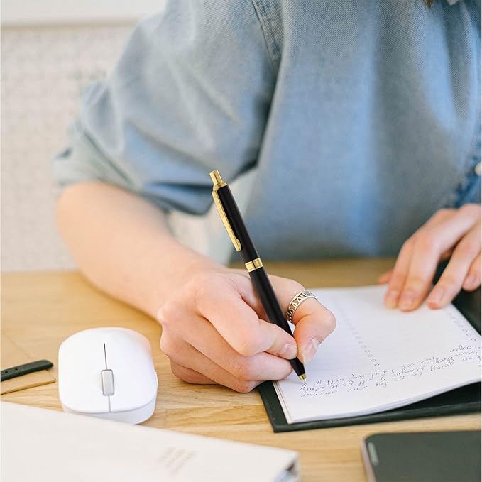 LINFANC 4 Pack Ballpoint Pens, Premium Retractable Metal Ballpoint Pen, Matte Black with Gold Trim, Medium Point 1.0mm Black Ink Pen for Home School Work Office Supplies, Extra 4 Refills