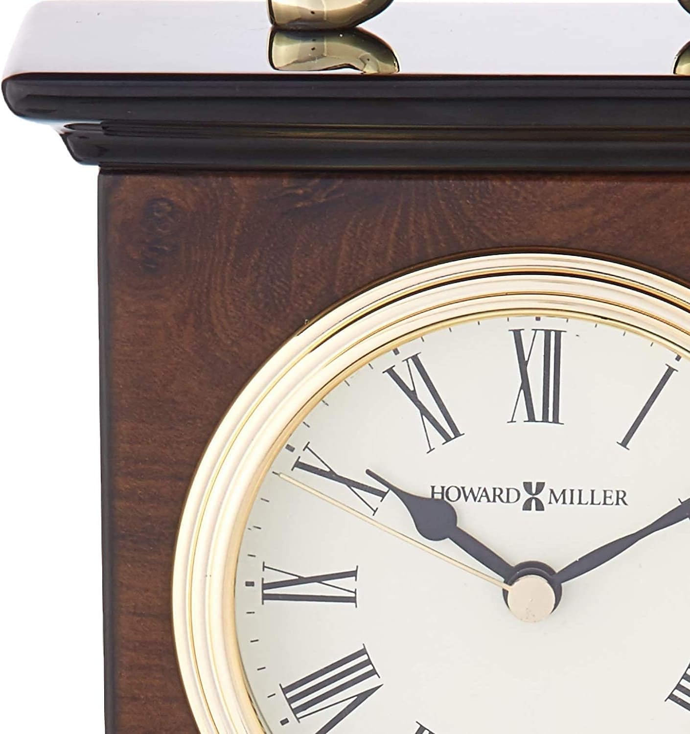 Howard Miller Berkley Table Clock - Roman Numerals Walnut Wood Finish Desk Clock- Vintage Mantel Clock with Brass Handle - Silent Quartz Movement Desk Clocks for Home, Office, Bedroom, Living Room