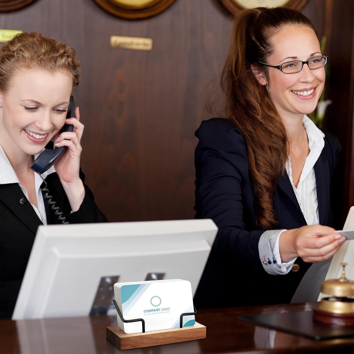 Amyhill 2 Pieces Wood Business Card Holder for Desk Wooden Business Card Display Stand Postcard Holder for Office Home Desktop (Light Wood Color, Black)