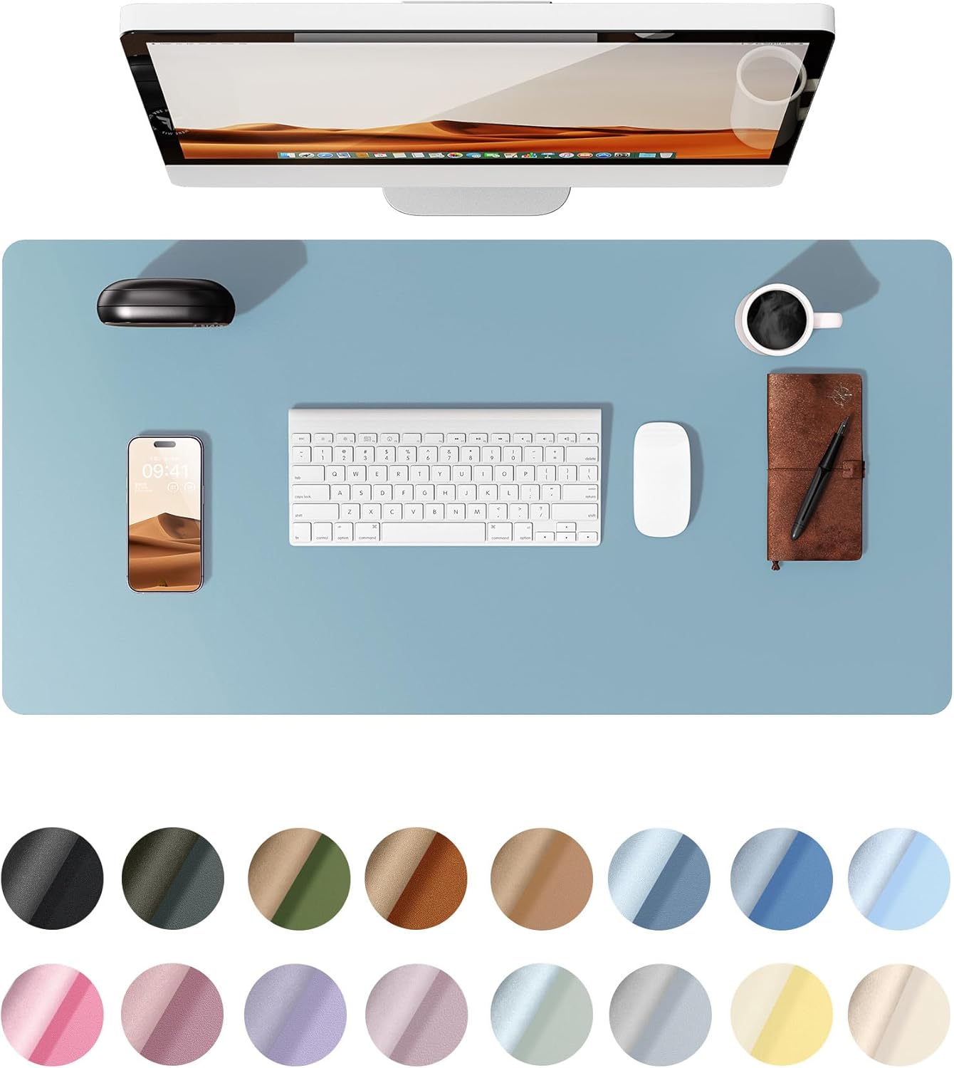 YSAGi Leather Desk Protector, Office Mat, Large Mouse Mat, Non-Slip PU Leather Blotter, Laptop Pad, Waterproof Writing Pad for Office and Home (Ice Blue, 35.4" x 17")