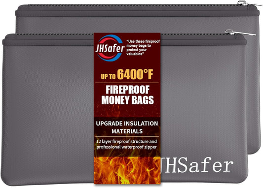 6400℉ Fireproof and Waterproof Money Bags 2pcs with Zipper,11''x6.3'' Fireproof Cash Bag with Zipper,Fireproof Wallet Envelope Safe Pouch Fireproof Bags for Cash Passports Keys Jewellery (Gray)