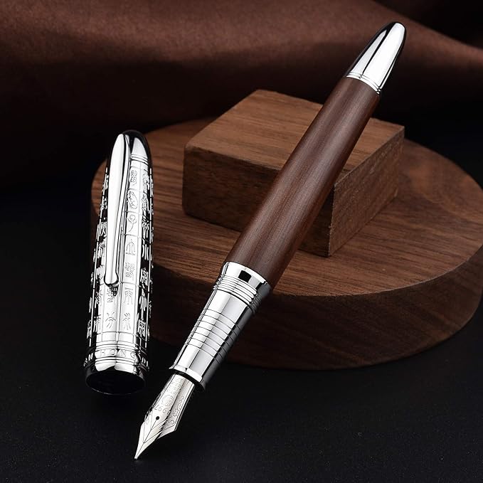 Asvine Hongdian 6016 Natural Wood Fountain Pen, Iridium Fine Nib Writing Pen with Metal Pen Case